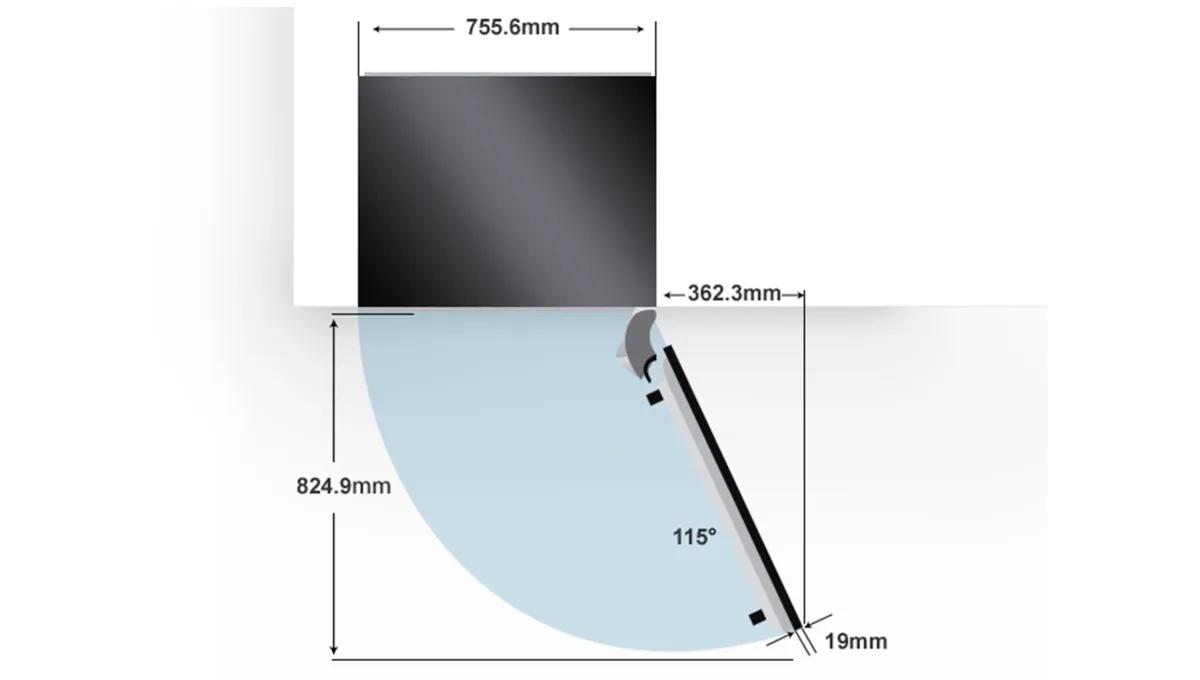 Rectangular black panel with dimensions and a curved glass panel with angle and dimensions.