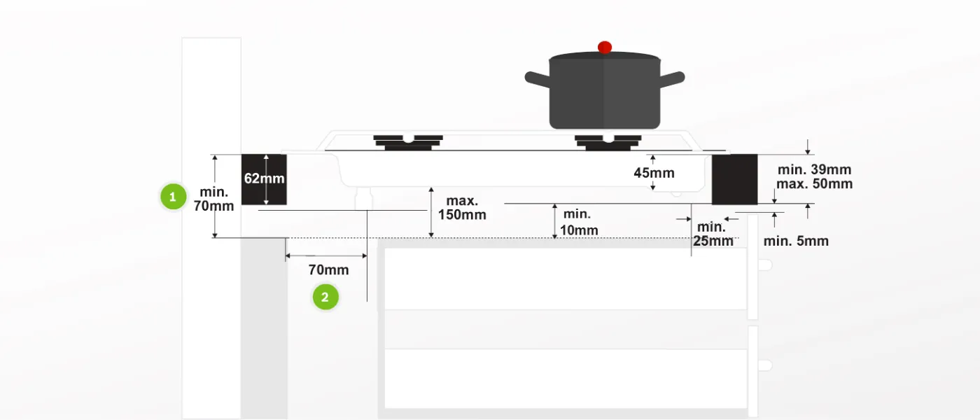 Diagram showing dimensions of a cooking pot or pan, including height, width, and depth measurements.