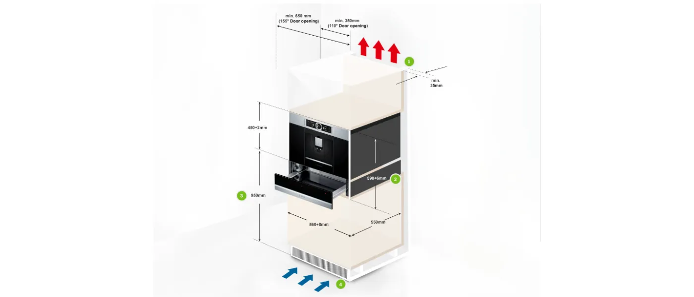 Detailed dimensions and measurements of a built-in oven appliance, including door openings and overall size.