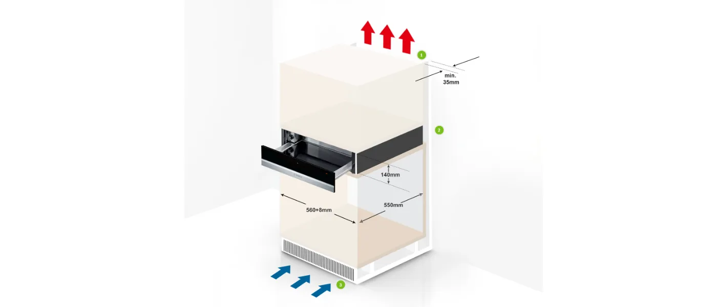 Rectangular white cabinet with black drawer, dimensions and airflow arrows indicated.