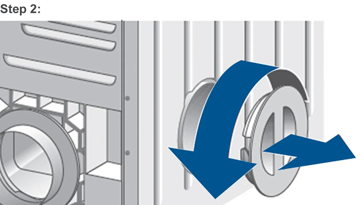 The image shows a step-by-step diagram for a washing machine door. It depicts a blue arrow indicating the direction to open the door.