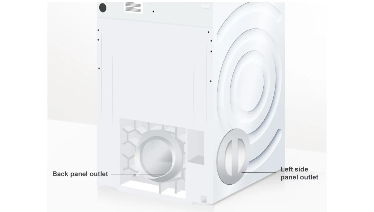 White appliance with back panel outlet and left side panel outlet, featuring geometric shapes.