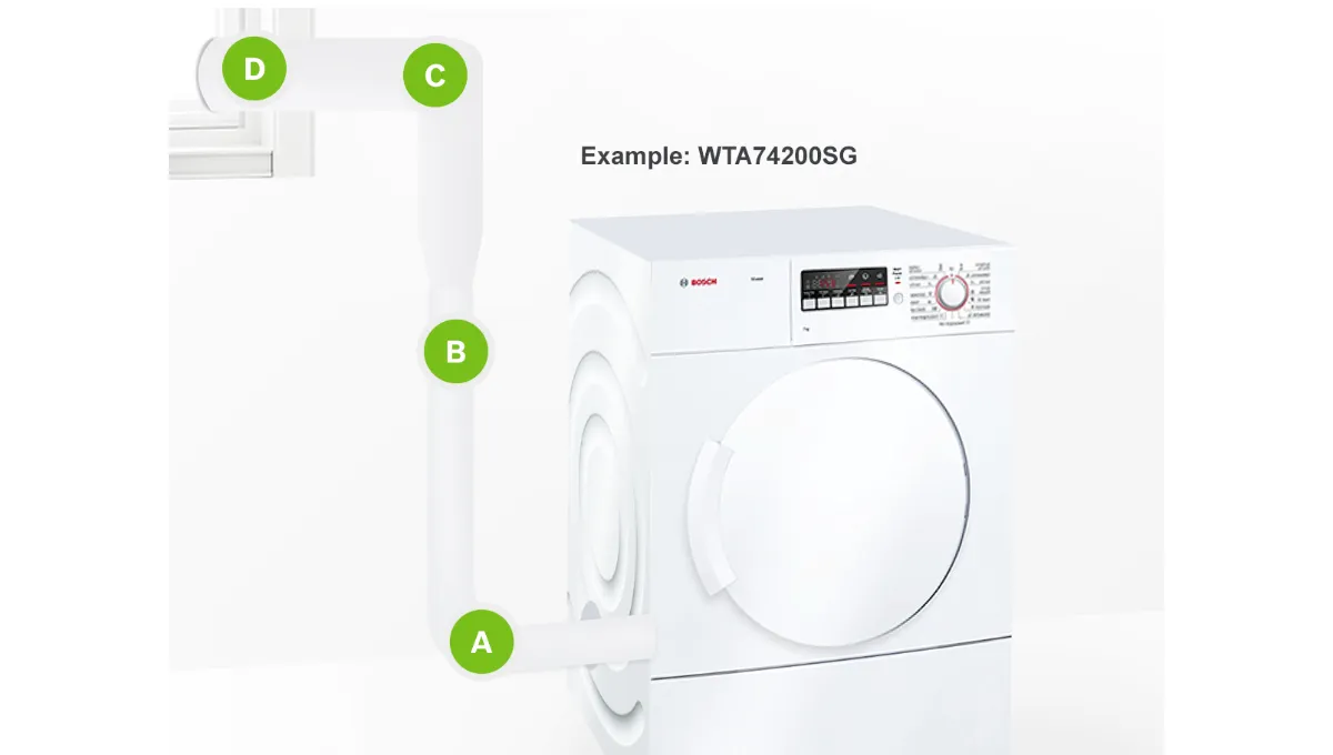 White front-loading washing machine with control panel, labeled parts A, B, C, and D.