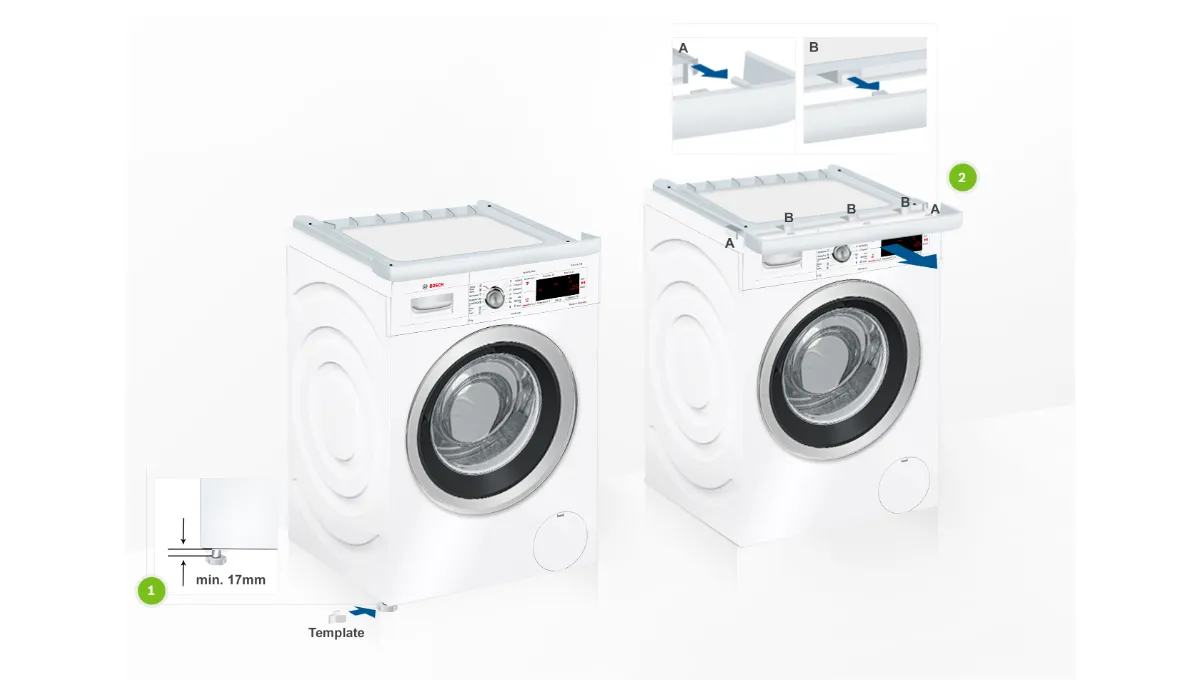 Washing machine with control panel, drum, and accessories shown in multiple views.