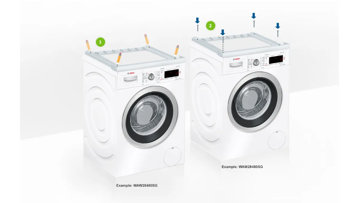 Two white washing machines with control panels and numbered parts labeled.