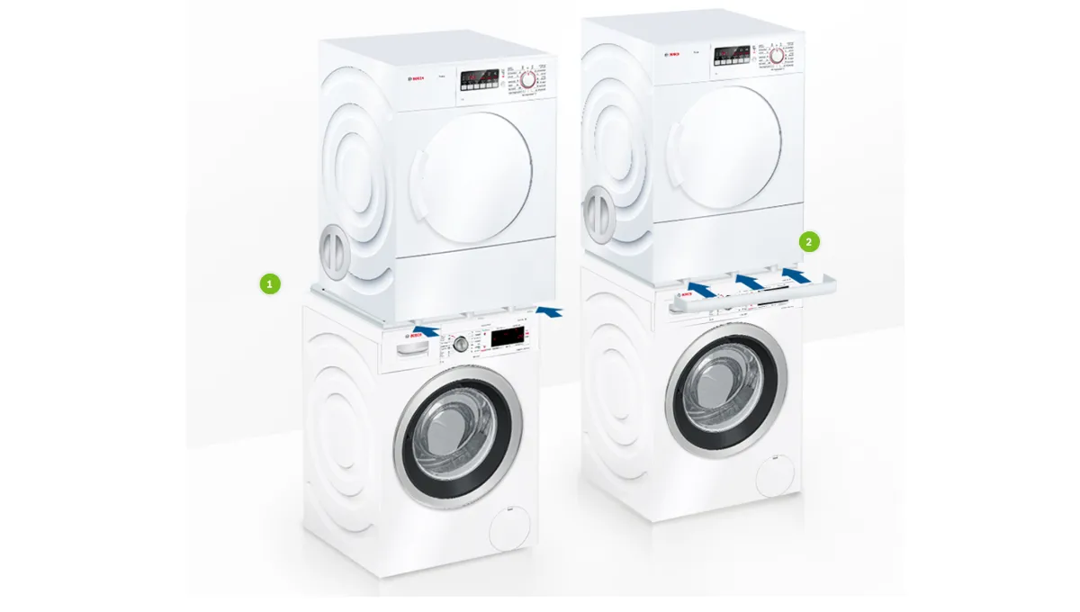 Washing machines and dryers, white appliances, modern design, home appliances, laundry equipment.
