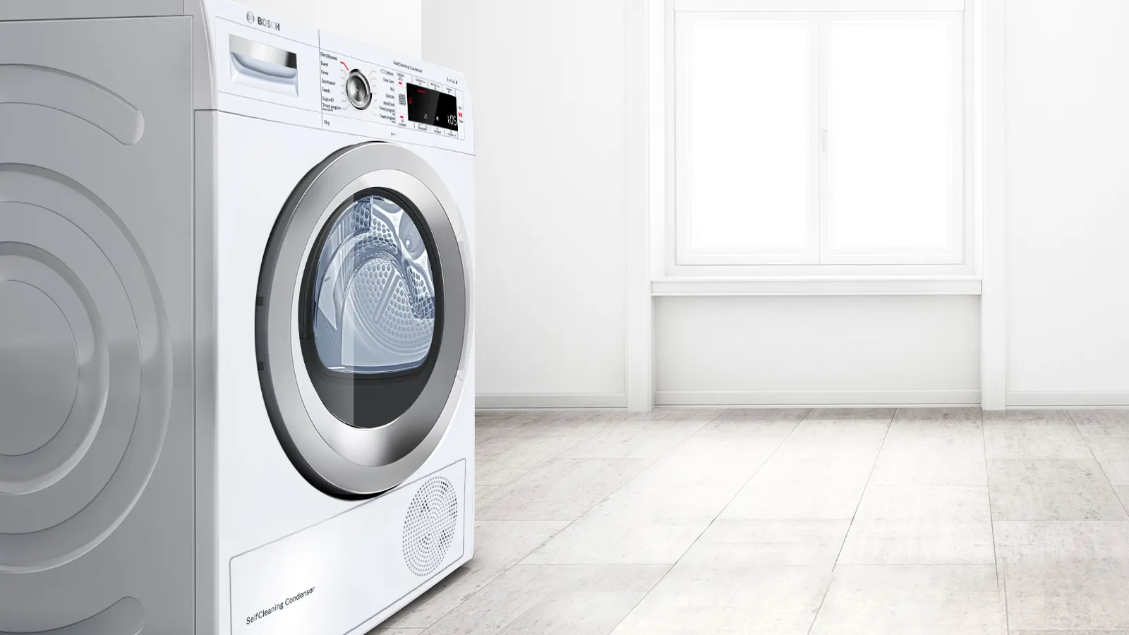 Washing machine, teddy bear, towels, laundry basket, clean, bright, minimalist laundry room.