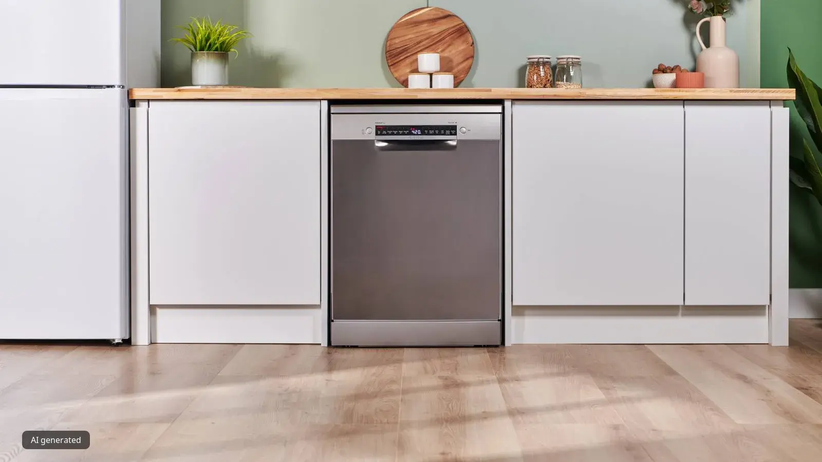 Open dishwasher with clean dishes and utensils inside on wooden floor.