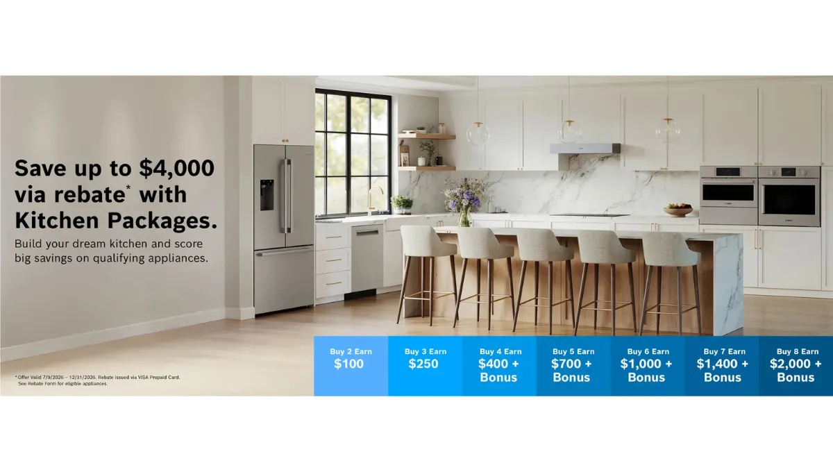 Modern kitchen with Bosch stainless steel appliances and rebate text for potential savings up to $4,000.