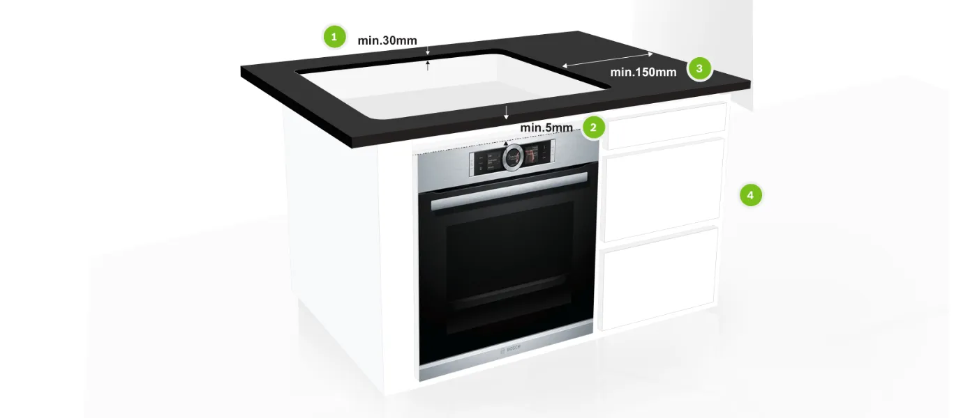 Built-in oven with dimensions and features labeled.