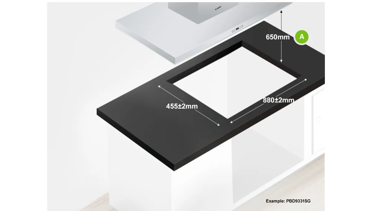Rectangular black countertop with dimensions 880x455mm, white sink, and measurement annotations.