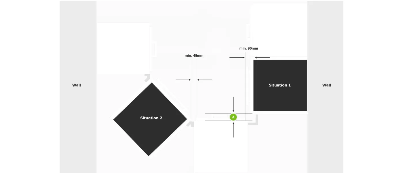 Two black geometric shapes, one diamond and one square, with dimensions and labels indicating two situations.