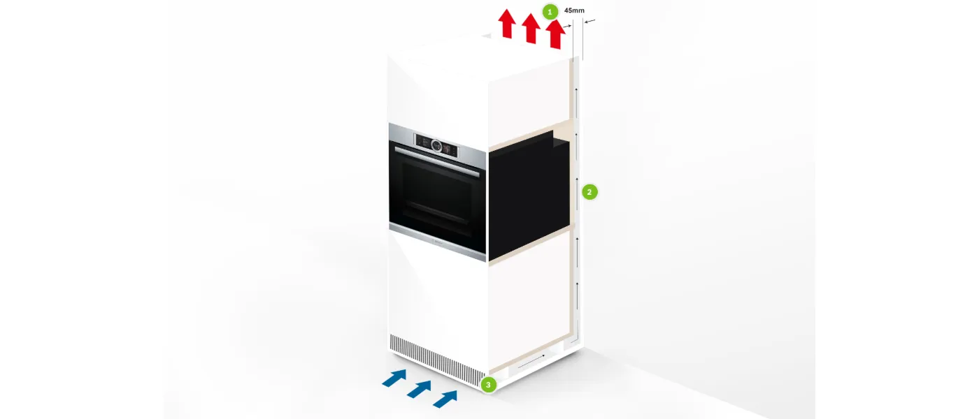Built-in oven, white and black color, dimensions 45cm, arrows indicating height adjustments.
