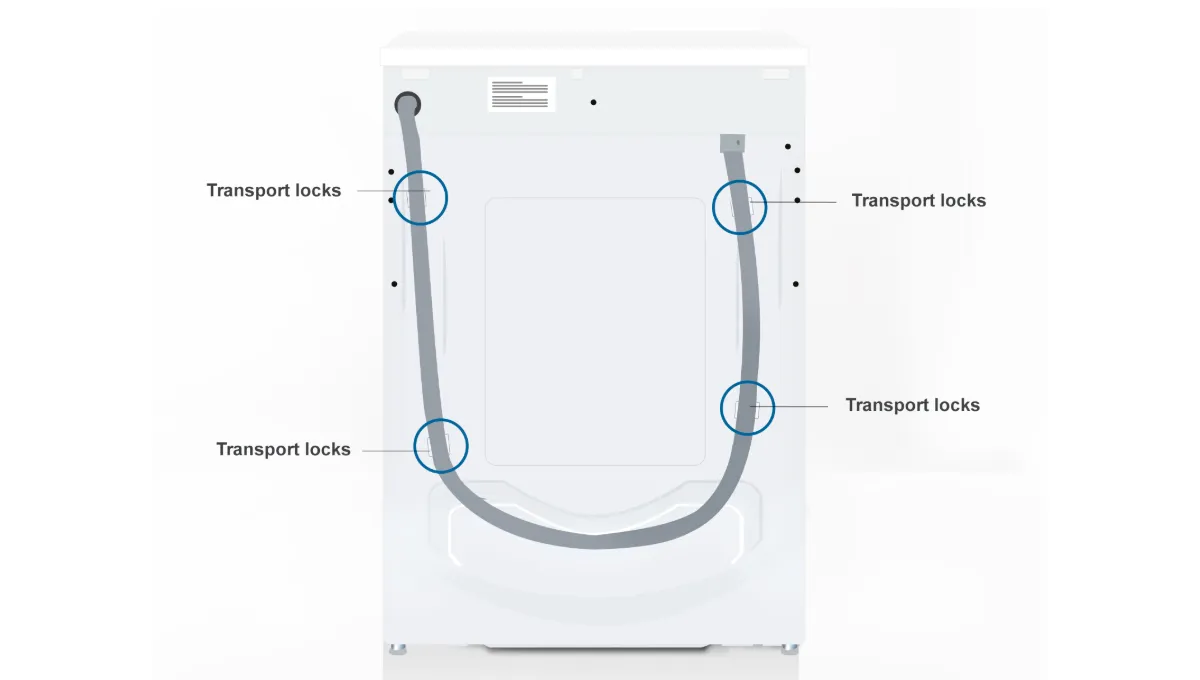 Washing machine with labeled transport locks for safe transportation.