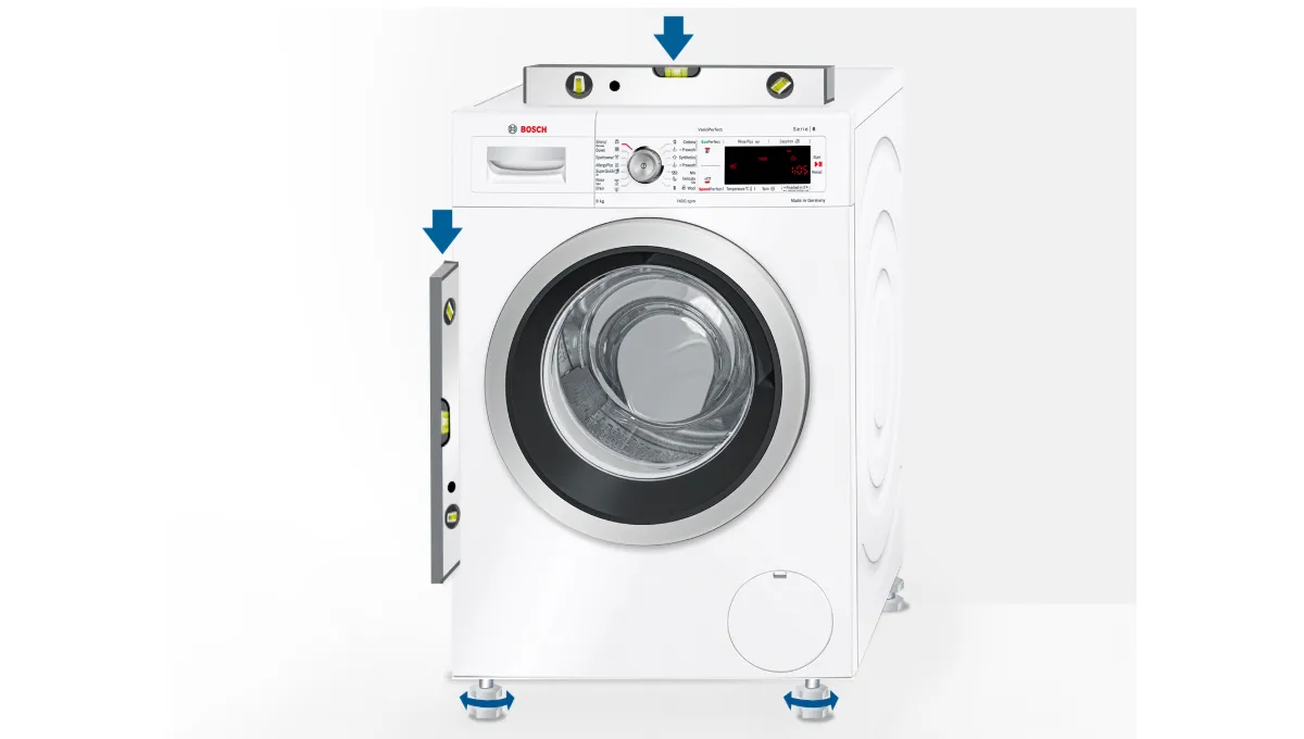 Front-loading washing machine with control panel, door, and adjustable feet.