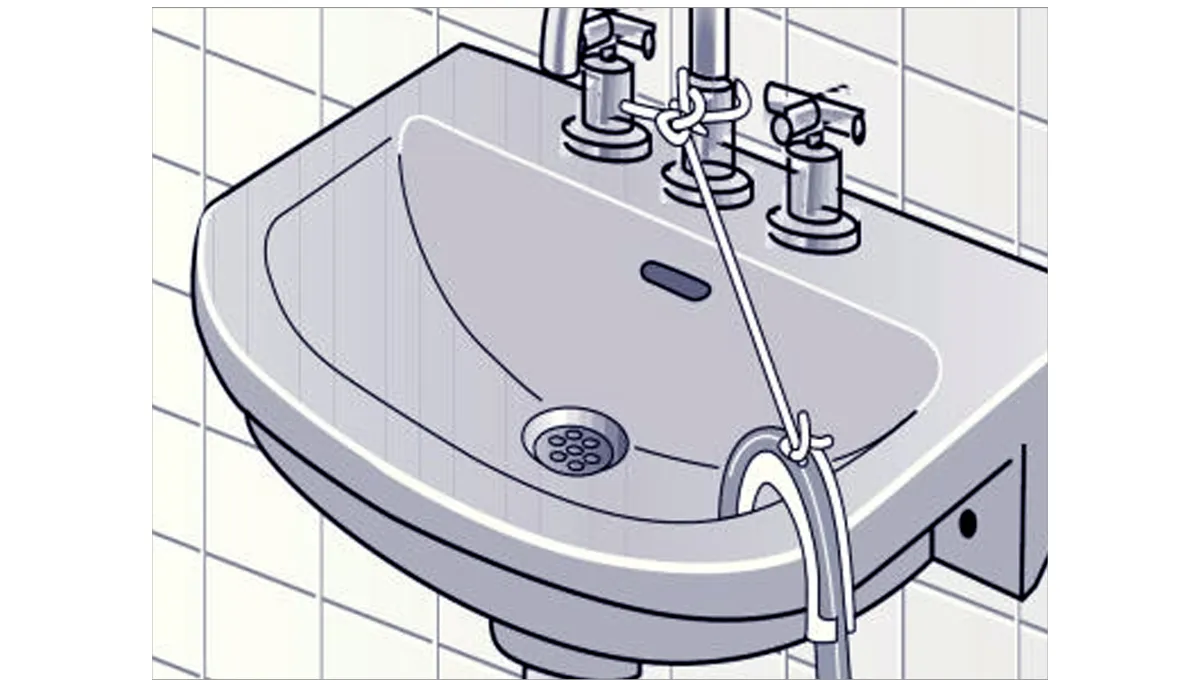 Bathroom sink with faucet and drain, tiled wall background, simple line art illustration.
