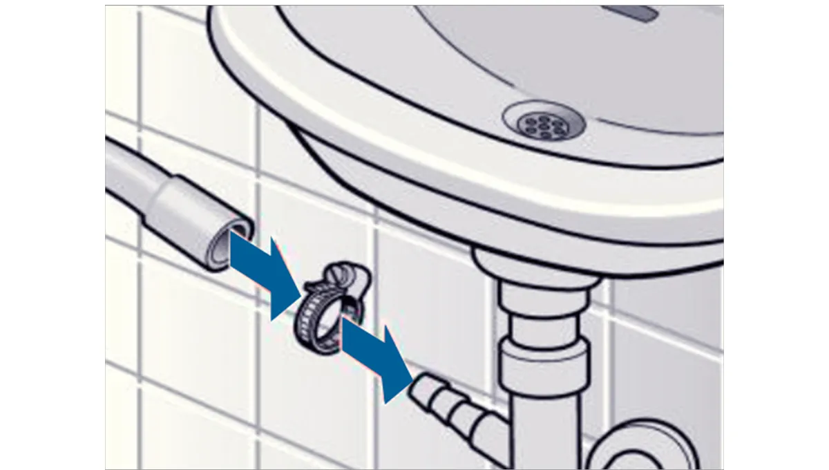Bathroom sink faucet with blue arrows indicating water flow direction.
