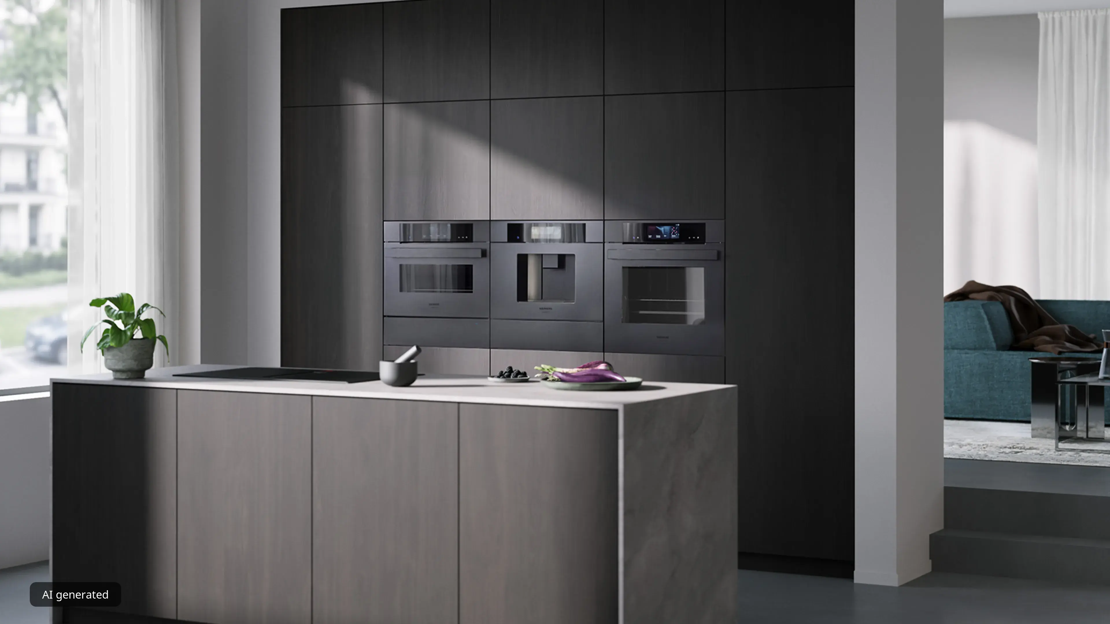 Siemens Matt Edition mit Backofen und Einbau-Kaffeevollautomat in einer modernen Küche, ausgezeichnet mit dem German Design Award 2026.