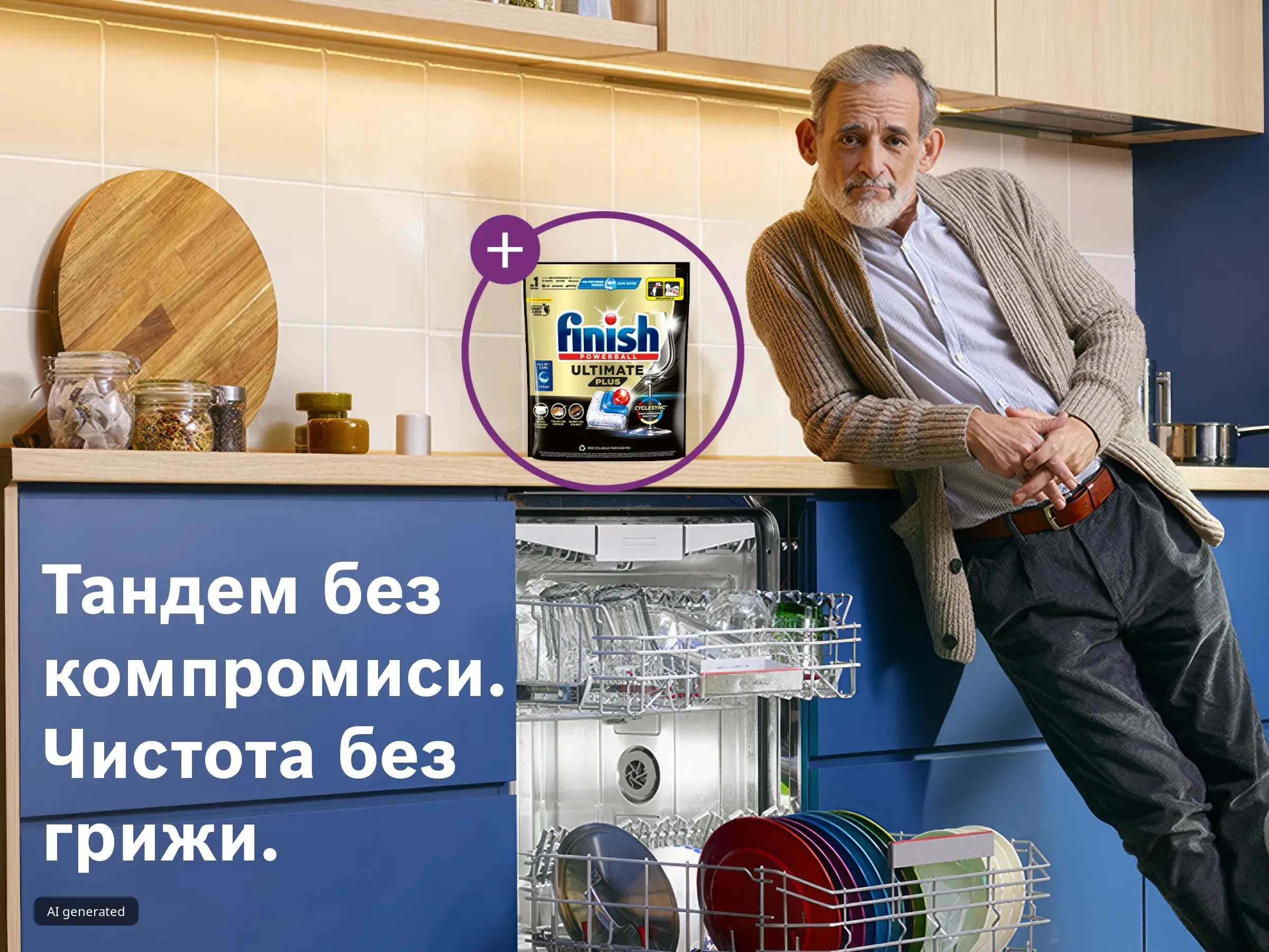 Мъж до отворена съдомиялна, таблетки за съдомиялна на кухненски плот и надпис Тандем без компромиси, чистота без грижи