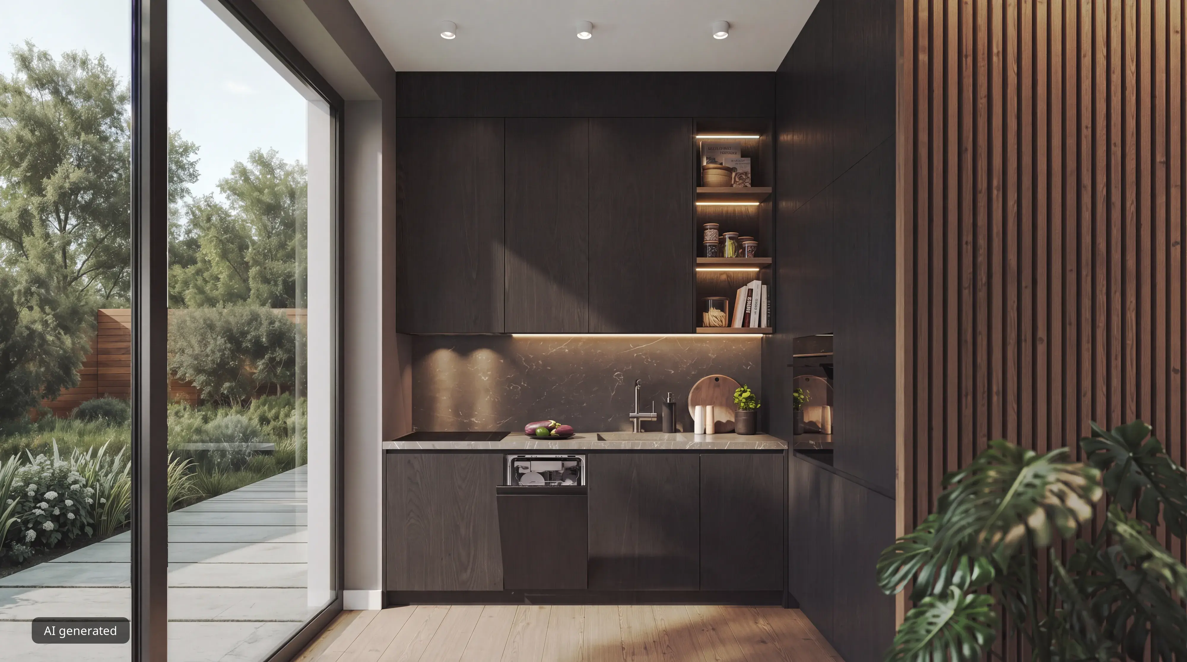 Modern black kitchen with a garden view