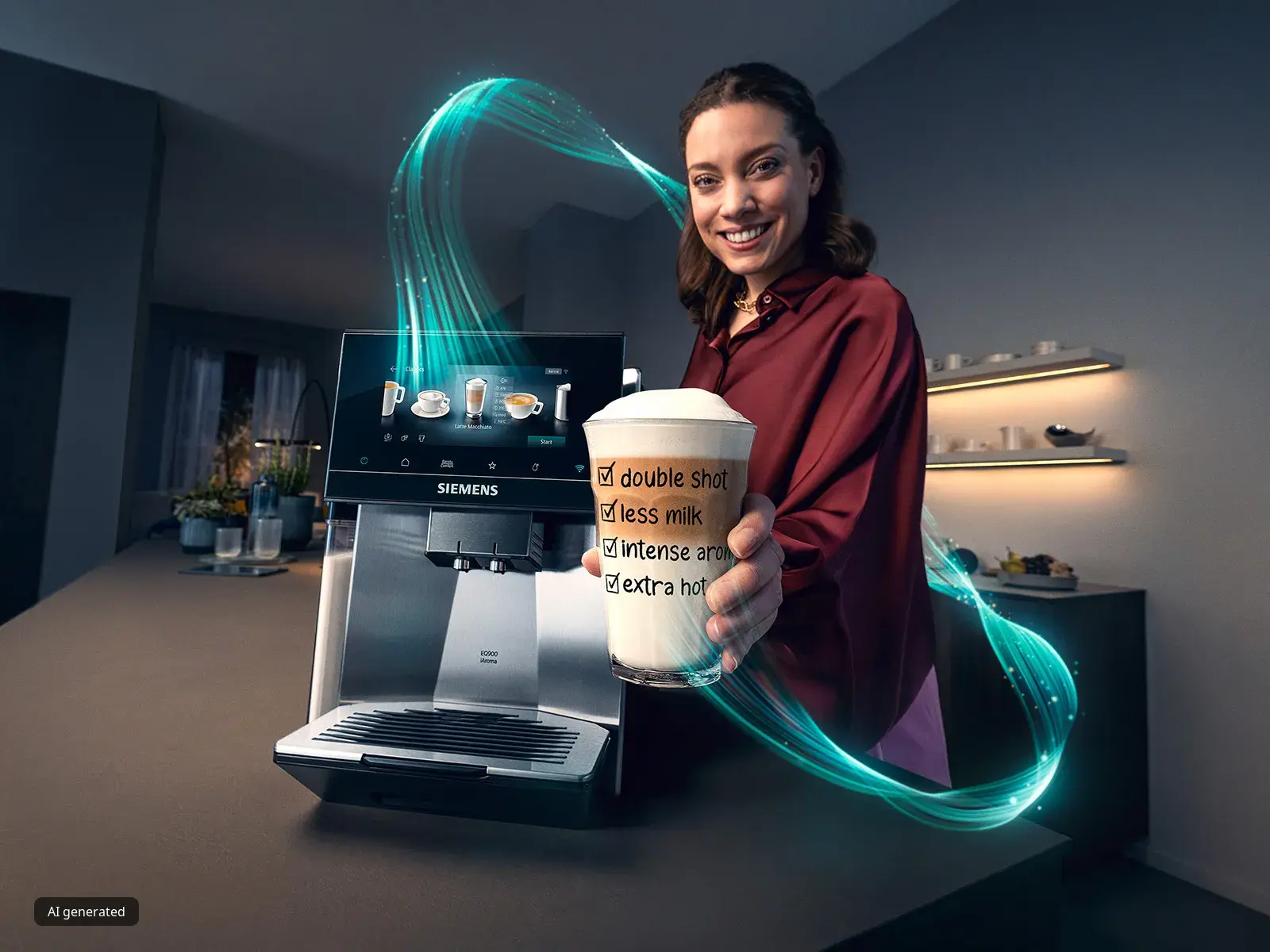 Frau steht neben Siemens Kaffeevollautomat und bereitet verschiedene Kaffee Variationen zu