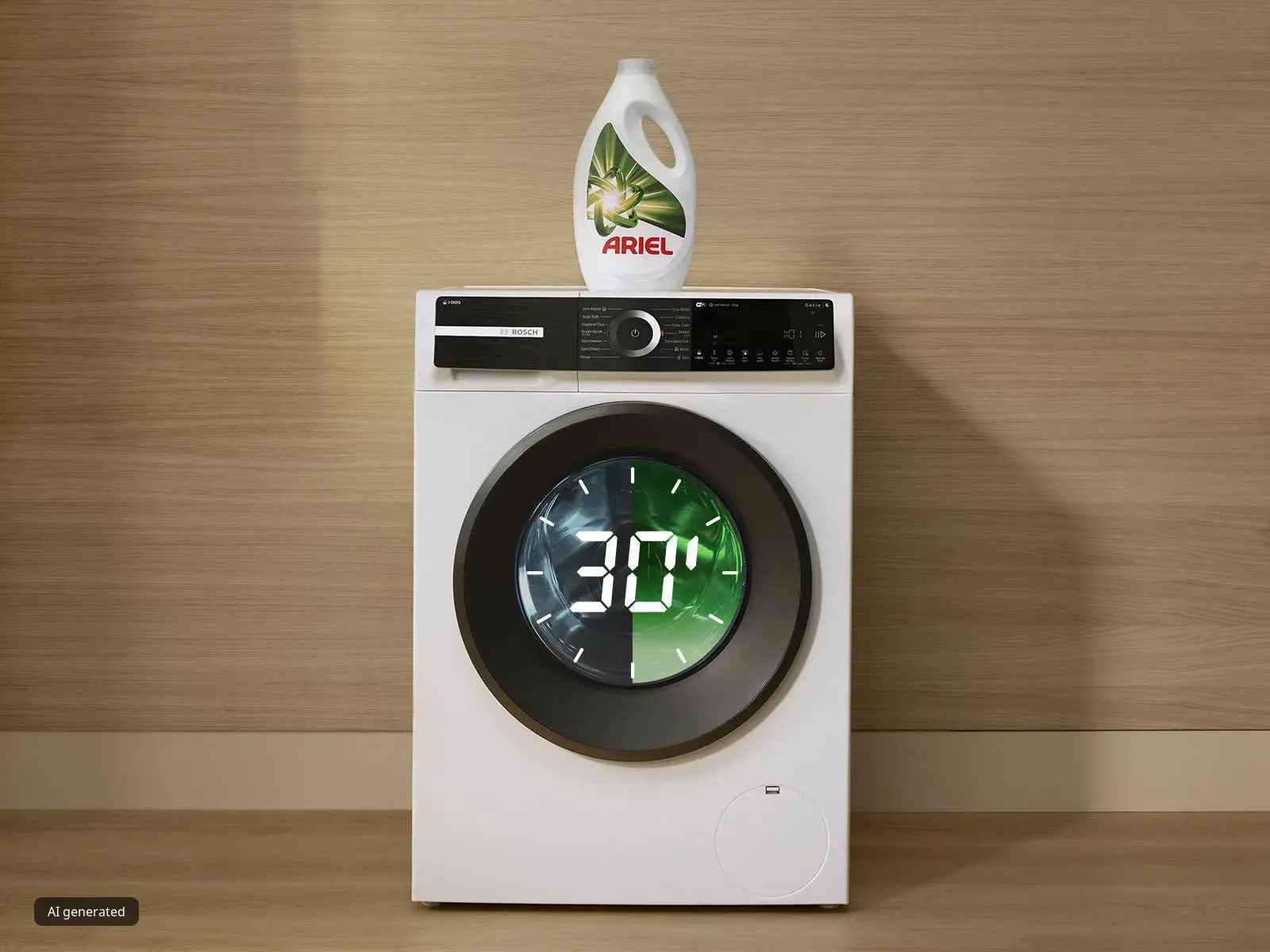 Bosch washing machine with Ariel detergent bottle on top of appliance and the number 30 overlay on machine door