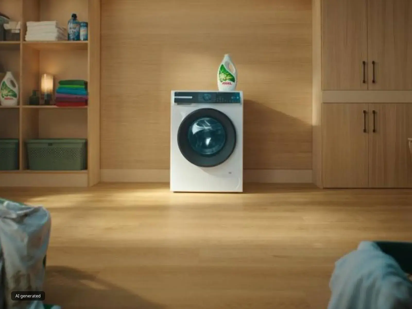 Bosch washing machine with Ariel bottle on top of appliance in spacious wooden room
