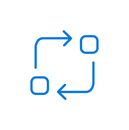 Icono azul de dos cuadrados conectados por flechas curvas que indican un bucle o un proceso de sincronización, sobre fondo blanco.