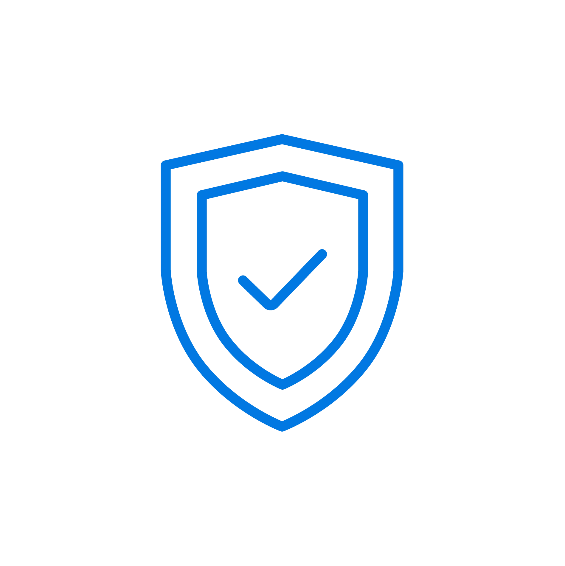 Contorno azul de un escudo con una marca de verificación en su interior, que simboliza seguridad, protección o fiabilidad verificada.