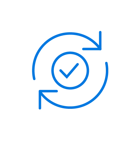 Flechas circulares azules alrededor de una marca de verificación, que representan la finalización de un proceso o una actualización exitosa.