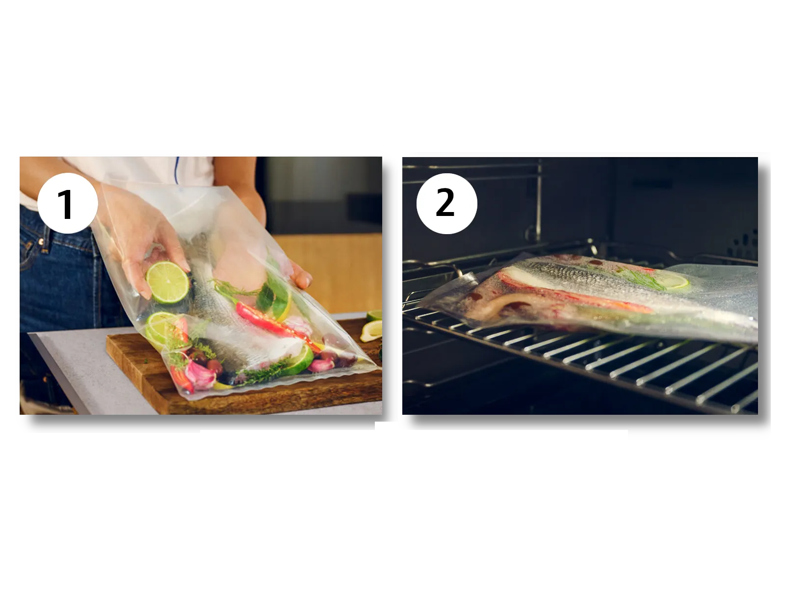 1. Gemüse auf einem Schneidebrett schneiden. 2. Fisch und Gemüse in einem Vakuumierbeutel versiegeln. 3. Den versiegelten Beutel im Backofen garen. 4. Gegarte Zutaten kurz in einer Pfanne anbraten.