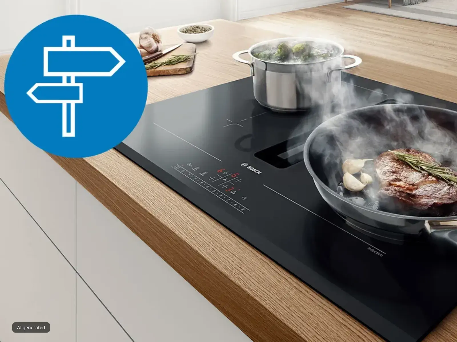 A close-up of a black Bosch induction hob with a steak sizzling in a frying pan. Steam is rising from the pan and a pot of boiling broccoli is visible behind it. A blue circular icon with a white directional sign is overlaid on the top left.