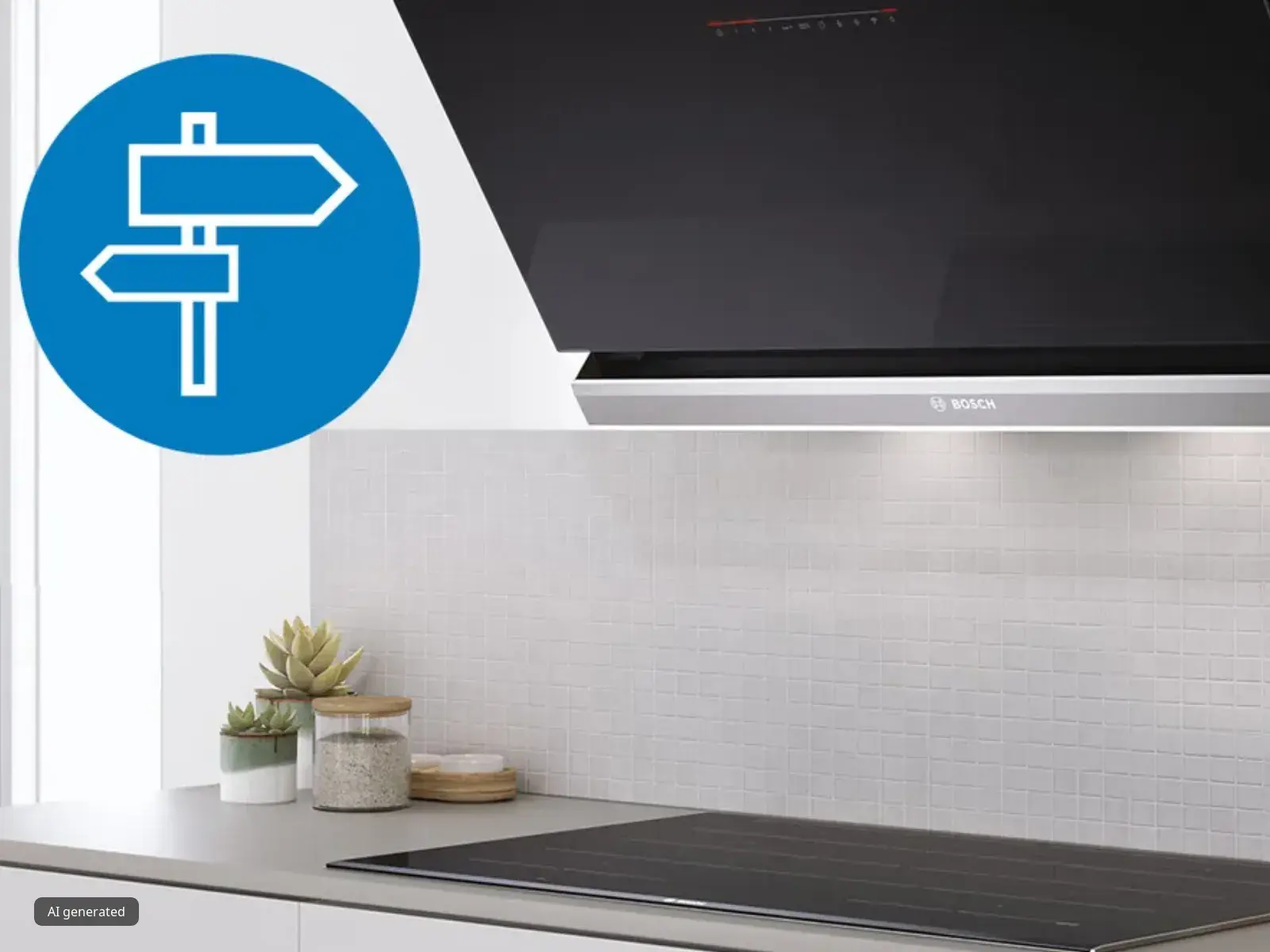 A modern, black angled Bosch cooker hood installed over a black induction hob in a contemporary kitchen. The wall has a white tiled backsplash. A blue circular icon with a white directional sign is overlaid on the top left.