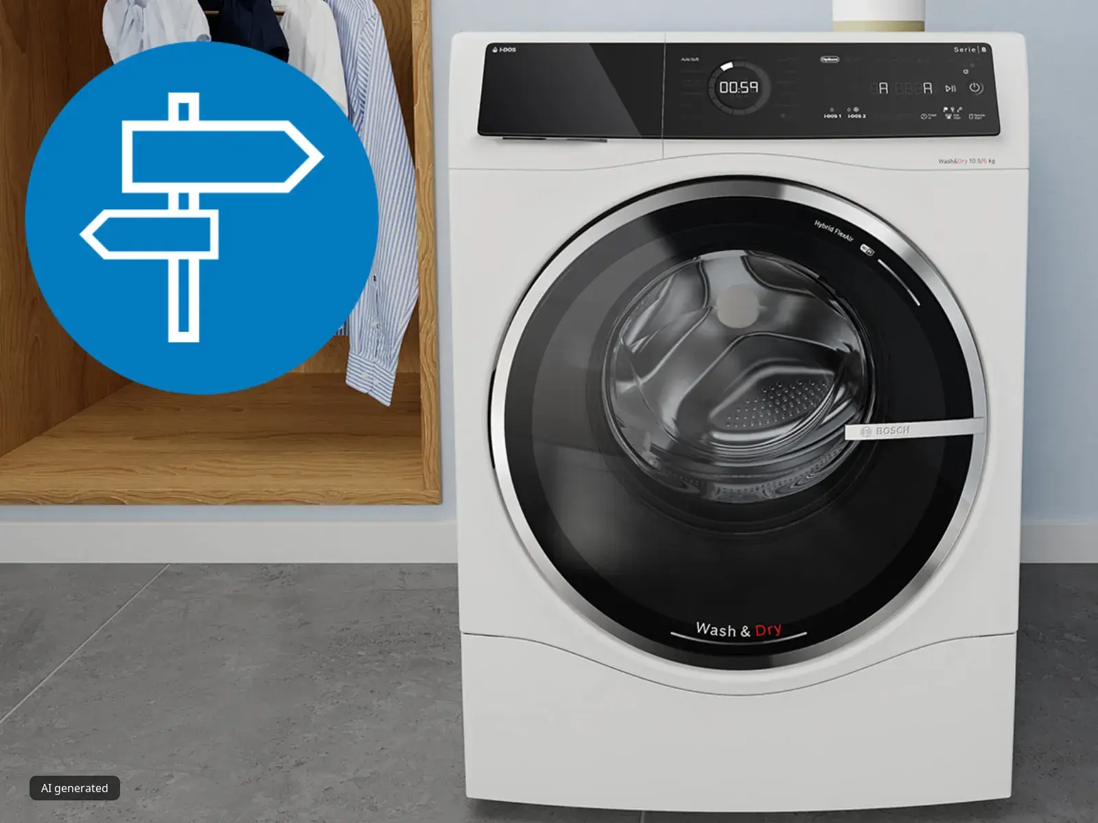 Washing machine in a laundry room with clothes hanging in the background.