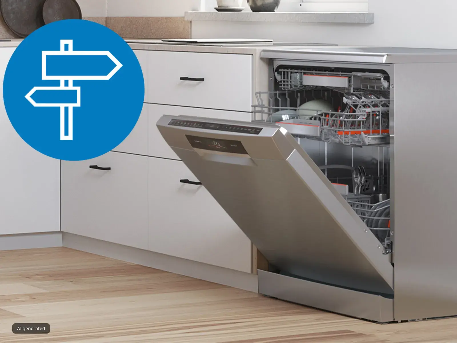 Modern kitchen with open dishwasher, shelves, and decorative objects.