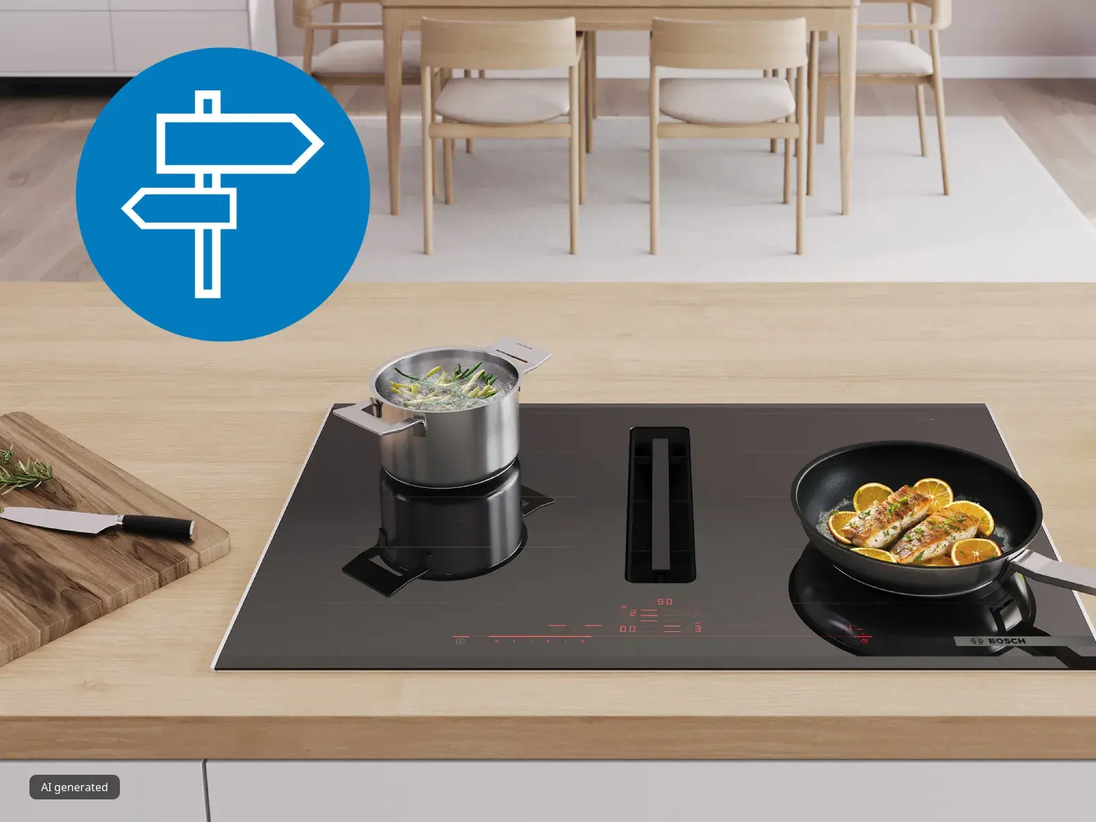 A close-up of a black Bosch induction hob with a steak sizzling in a frying pan. Steam is rising from the pan and a pot of boiling broccoli is visible behind it. A blue circular icon with a white directional sign is overlaid on the top left.