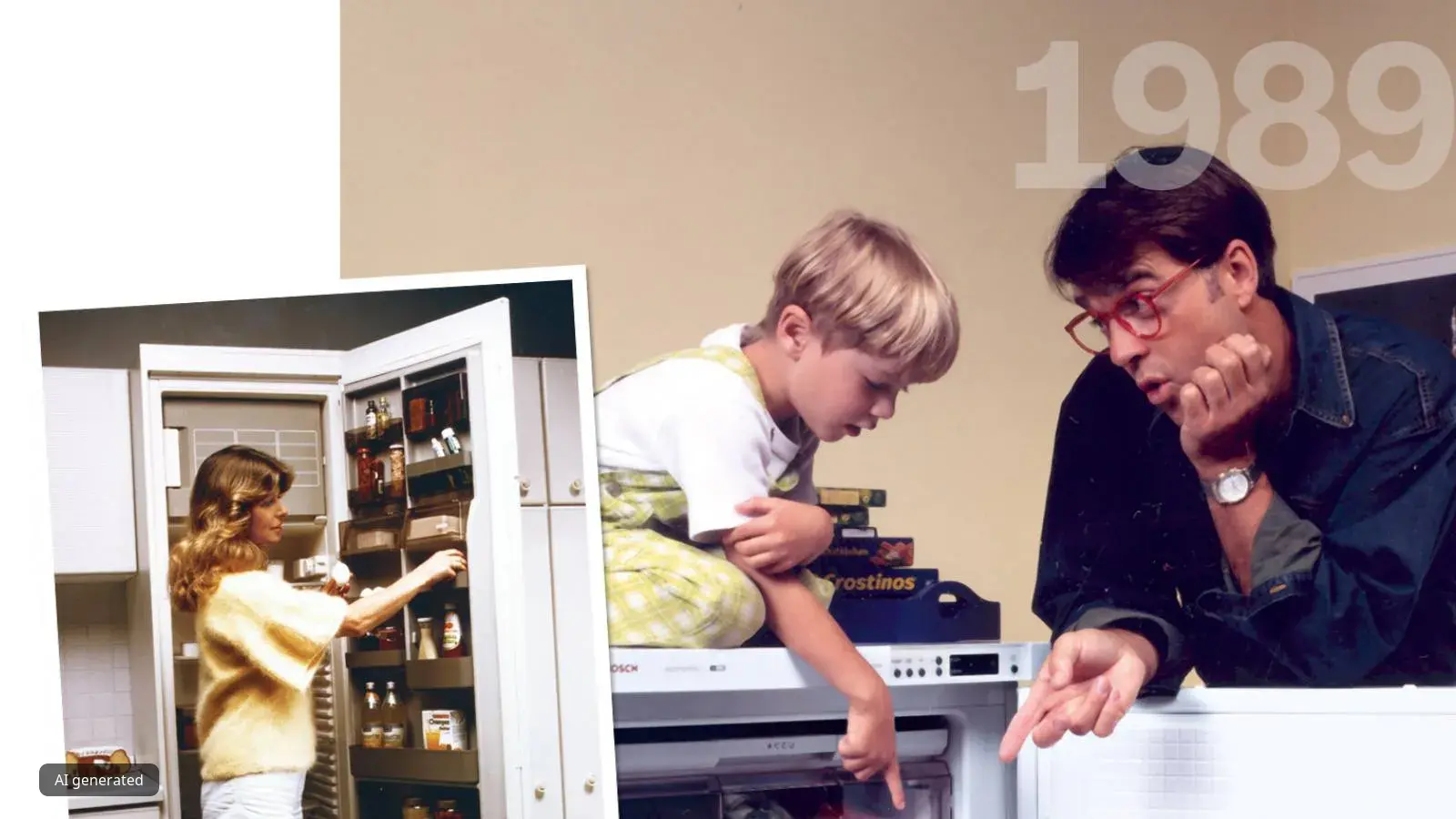 Family looking in open refrigerator, 1989 text overlay.