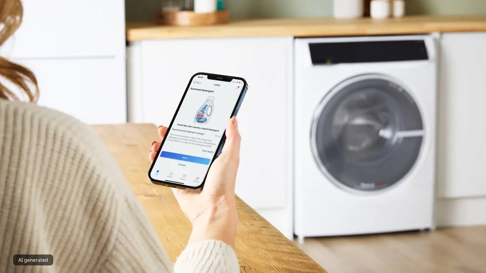 A person holds a smartphone displaying the Home Connect app, which shows a screen for scanning a laundry detergent bottle to use with a smart washing machine. In the background, a white front-loading washing machine is visible in a kitchen.