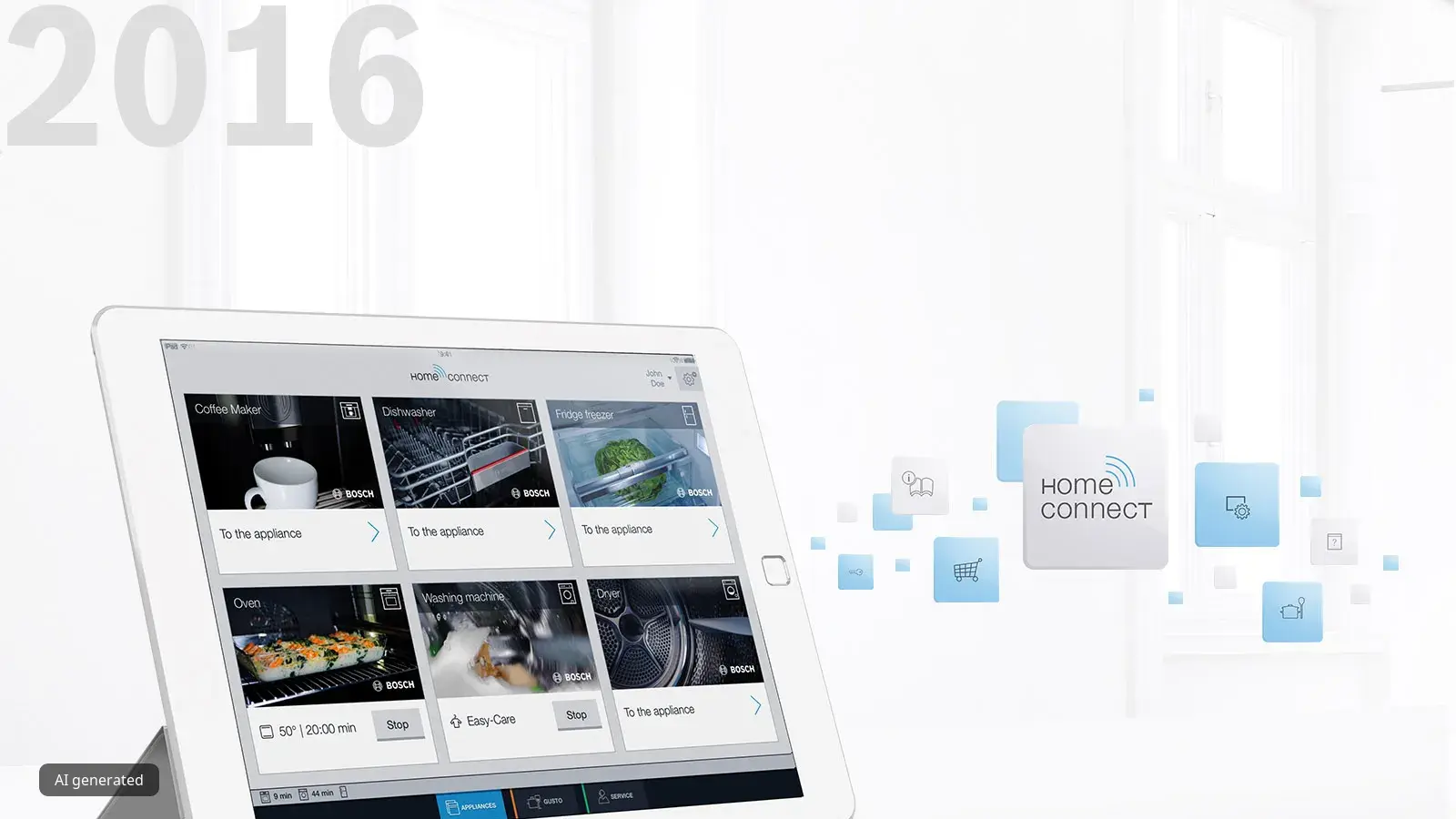 White tablet displaying 2015 home computer interface with various app icons.