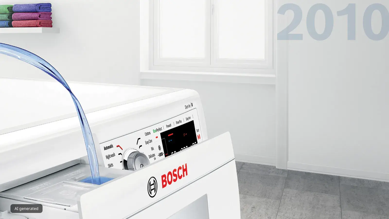 Washing machine, Bosch brand, white appliance, control panel, towels, window, tiled floor, 2010 text.