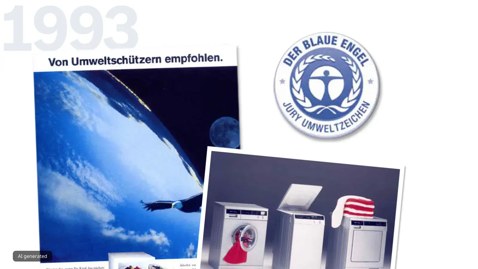1993 environmental protection, Bosch appliances, Blue Angel eco-label, cloud and sky imagery.