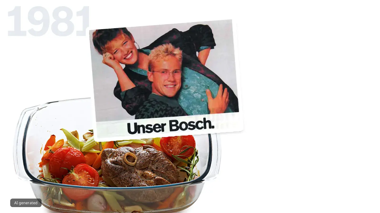 Glass dish with salad, tomatoes, and meat. Unser Bosch logo and 1981 date visible.