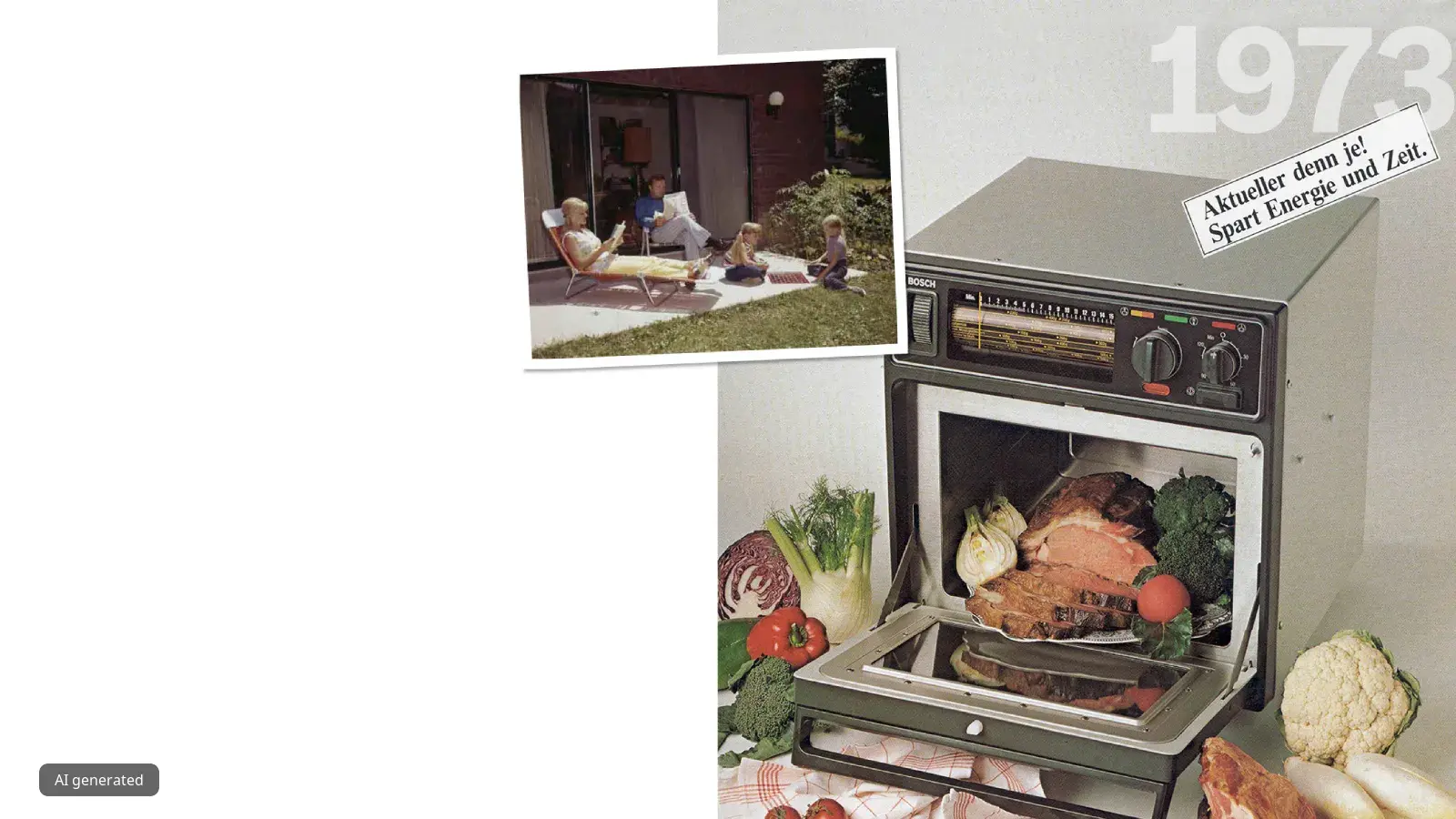 Vintage oven with roasted turkey, vegetables, and family photo from 1973.