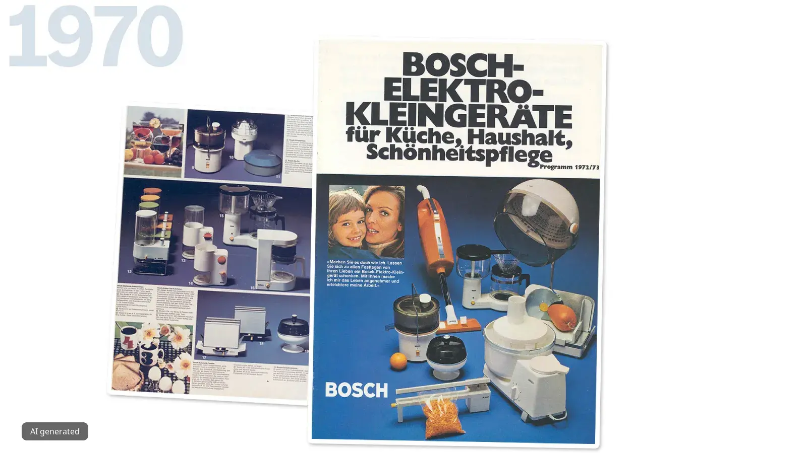 1970 Bosch Elektro-Kleingeräte advertisement featuring various kitchen appliances and two smiling women.