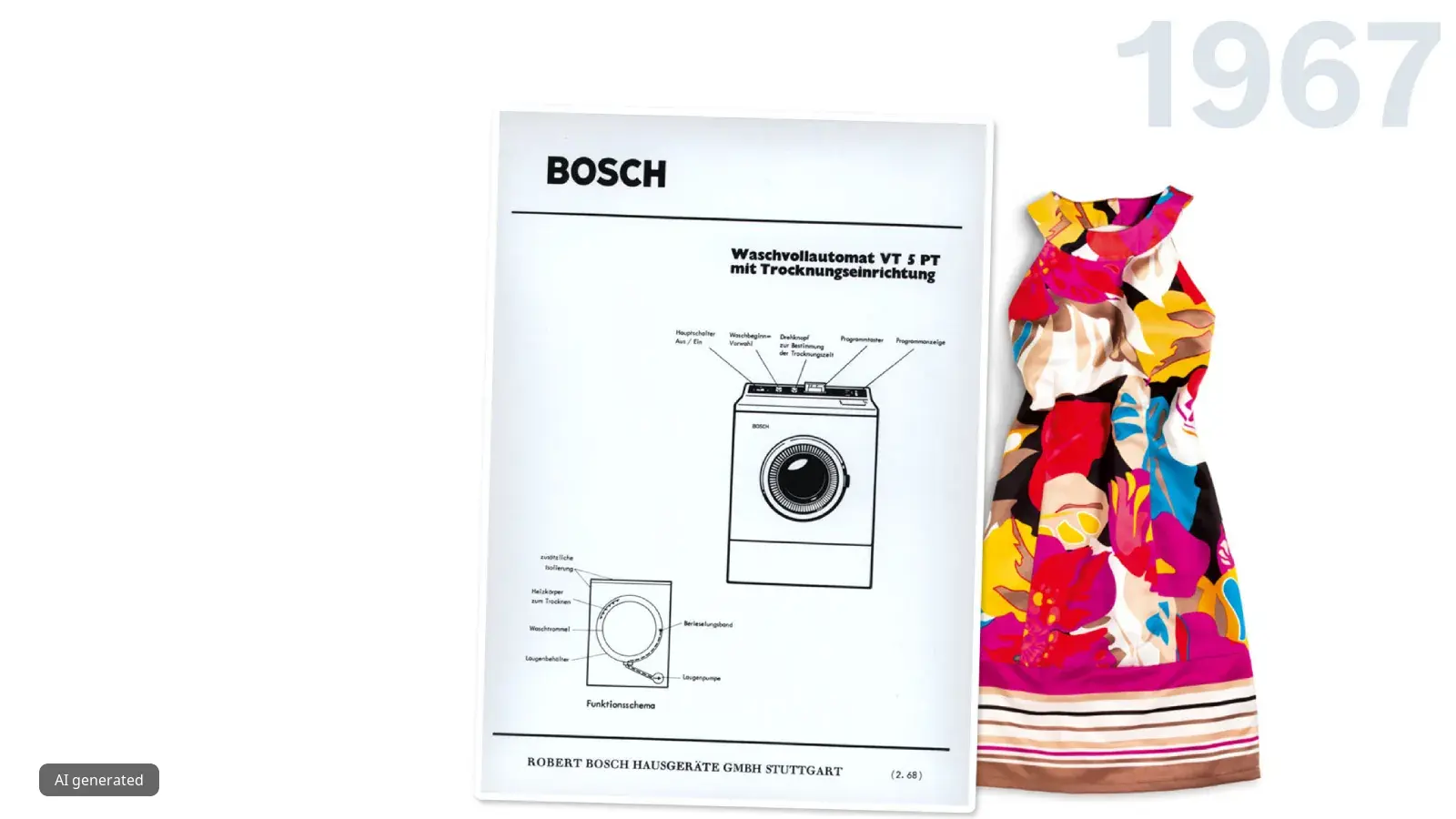 Bosch washing machine manual, colorful floral dress, and the year 1967 displayed.