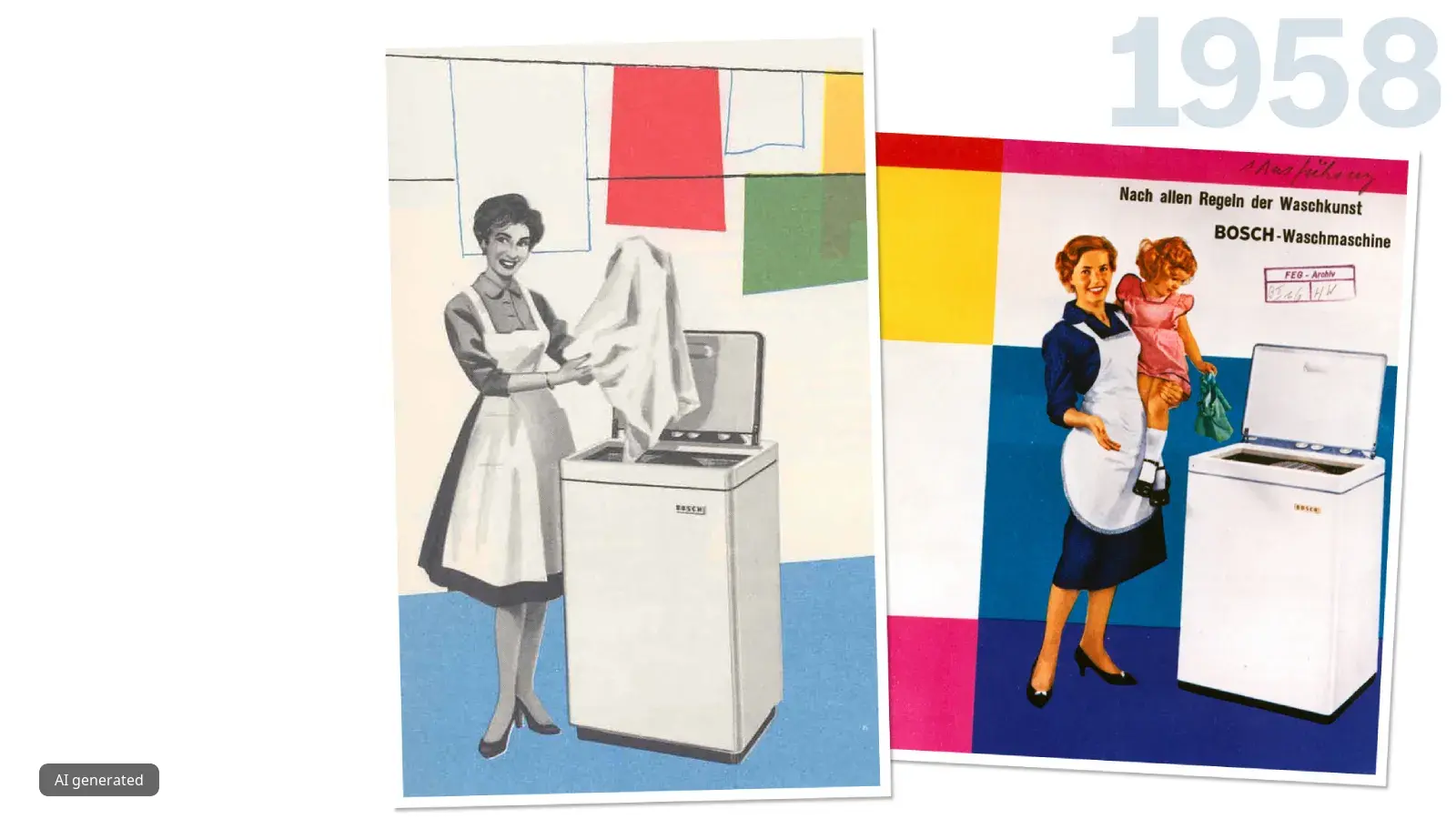 Vintage appliance advertisements featuring women in 1950s domestic roles.