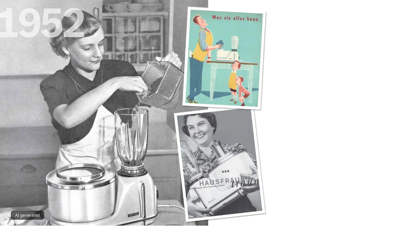 Woman using blender, vintage kitchen appliance, 1952 advertisement, smiling woman in photo.