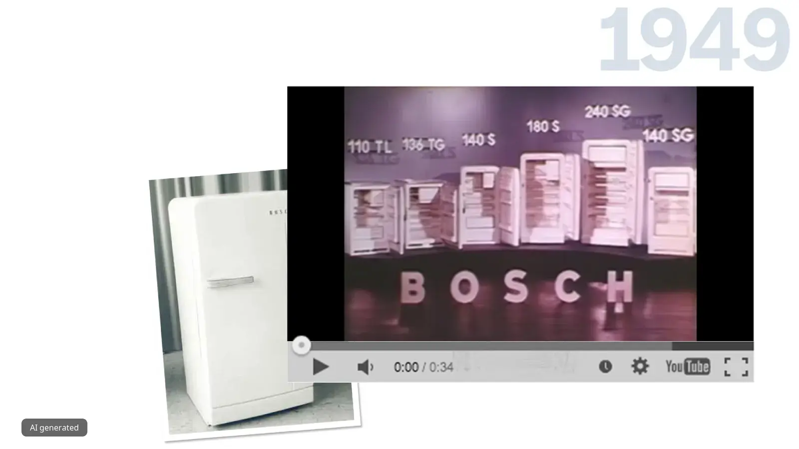Vintage Bosch appliance advertisement from 1949, featuring various refrigerator models and prices.