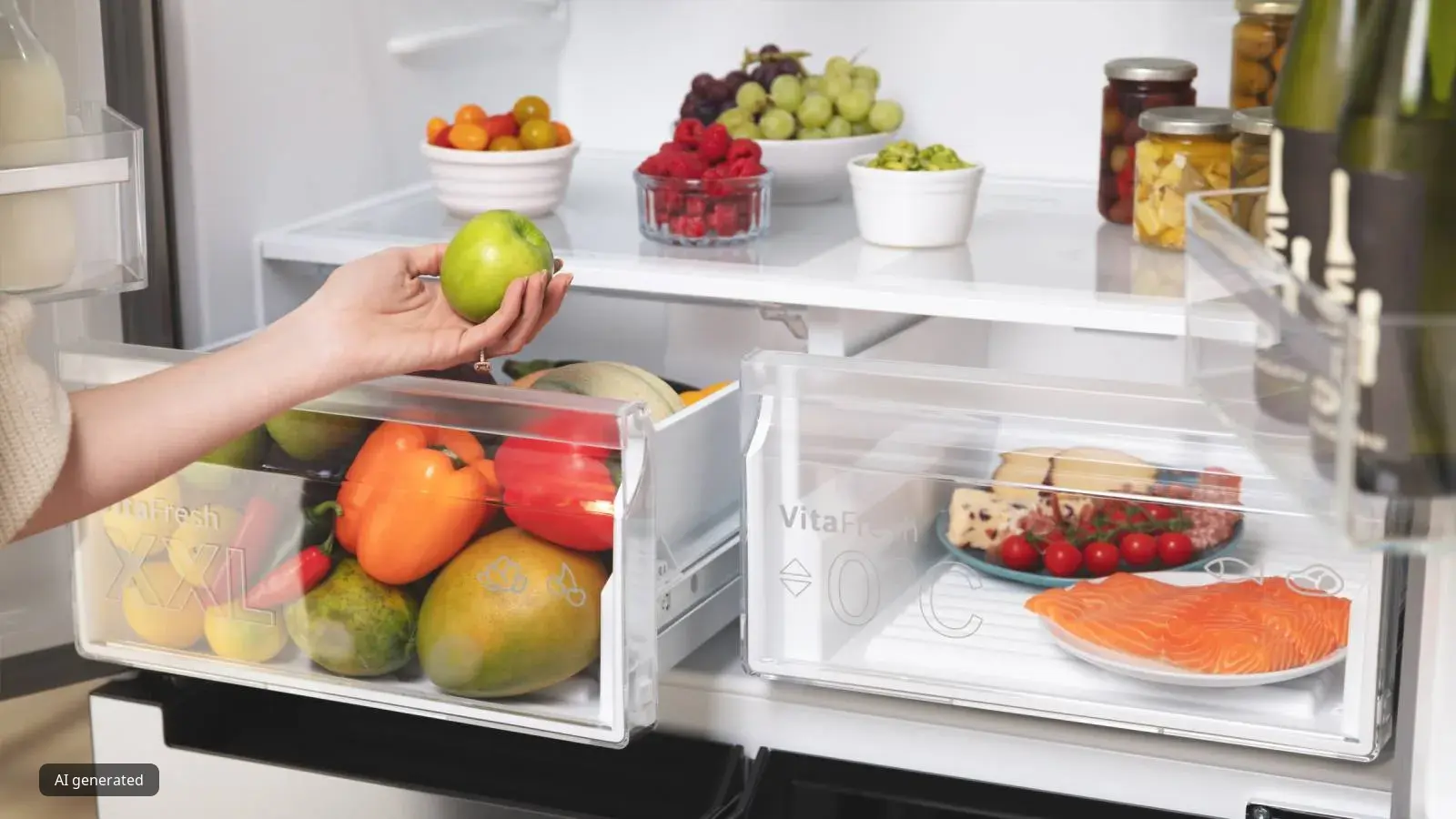A person takes a green apple from a "VitaFresh XXL" crisper drawer inside a refrigerator. The drawers are filled with fresh produce, including peppers, a mango, and another drawer with salmon and cheese.