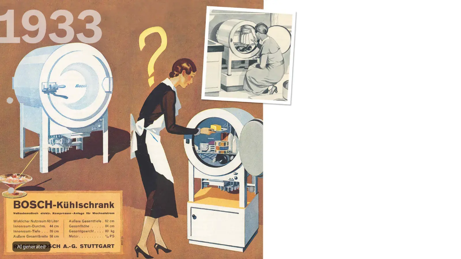 Vintage advertisement for Bosch refrigerator featuring a stylish woman and technical illustrations.
